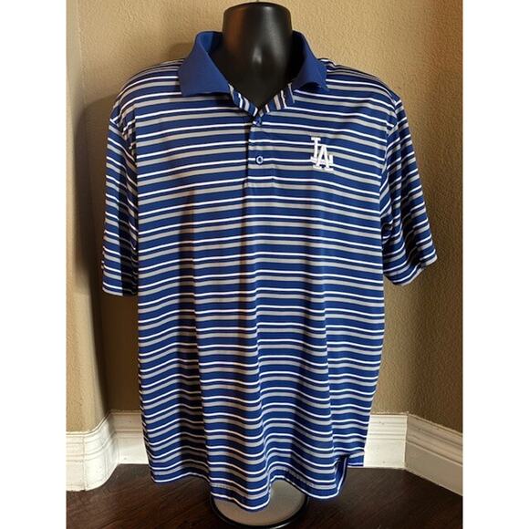 Majestic Other - Men's Pre-owned LA Dodgers Polo Shirt XL Blue White Striped Cool Base Majestic